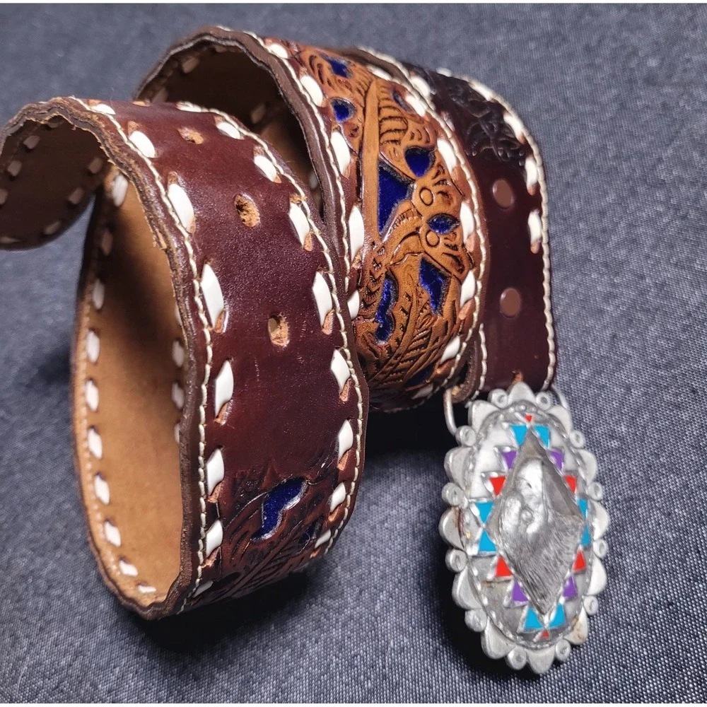 Vinatge‎ Texas Sterling Leather Belt Tooled Blue Inlay Buckle Eagle Western 36